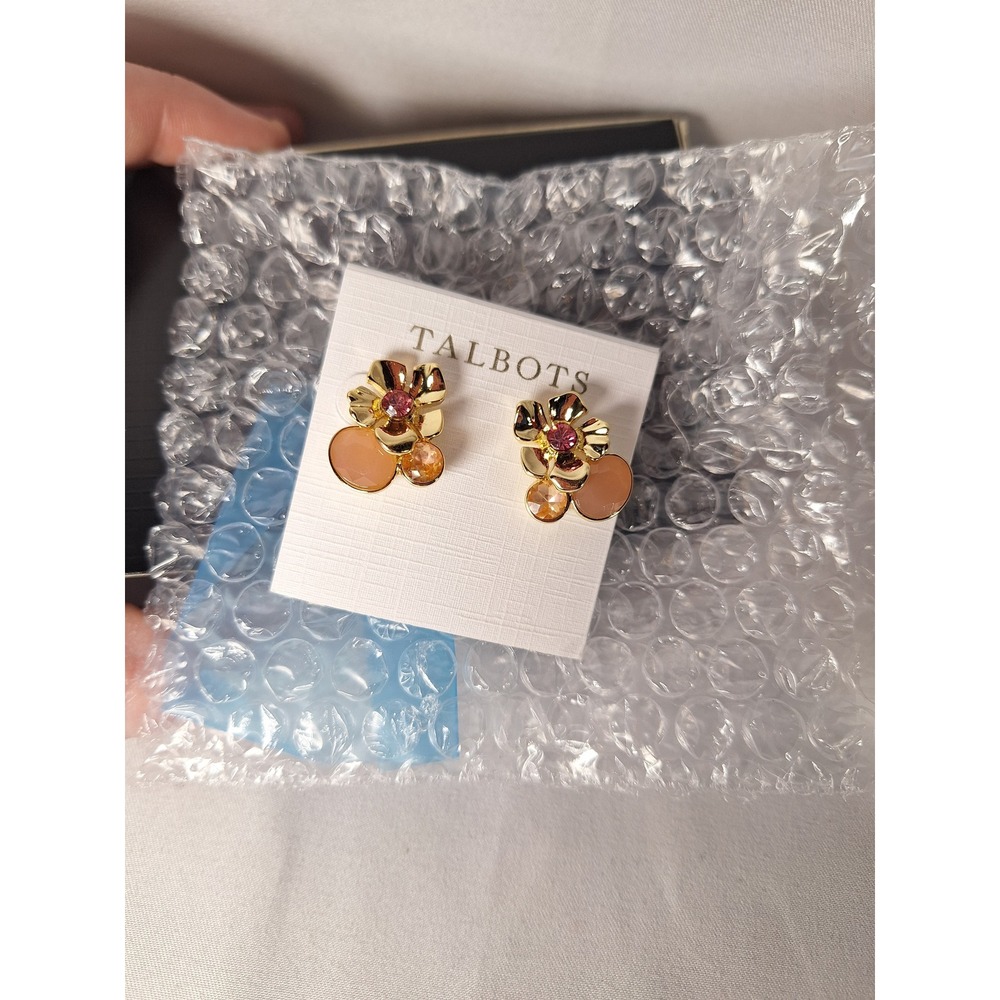 Talbots Gold Tone Pink Peach Crystal Flower Stud Earrings 377254 57079561